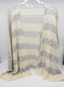 Grey and Cream Boutique Throw Over Cardigan Tassel Fringe Lightweight Sweater