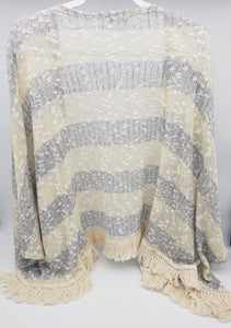 Grey and Cream Boutique Throw Over Cardigan Tassel Fringe Lightweight Sweater