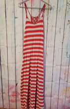 Load image into Gallery viewer, Coral &amp; Light Grey Striped Strappy Ladder Back Maxi Dress (Med/Large)