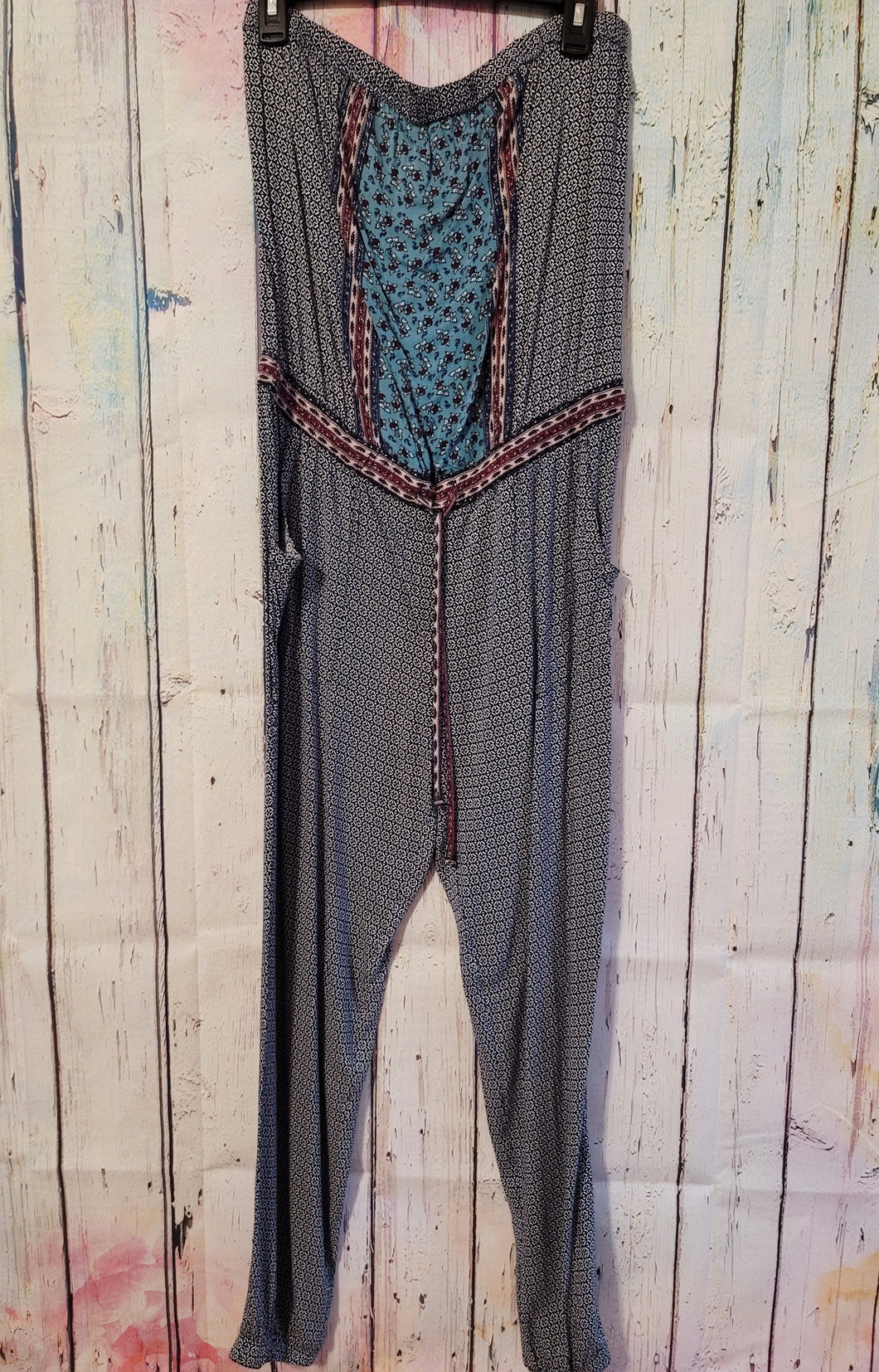 Strapless Boho One Piece Jumpsuit With Pockets (Large)