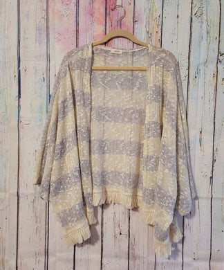 Grey and Cream Boutique Throw Over Cardigan Tassel Fringe Lightweight Sweater