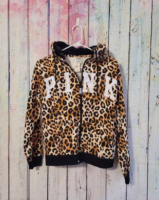 VS Pink Leopard Print Full-Zip W/Fur Lined Hood