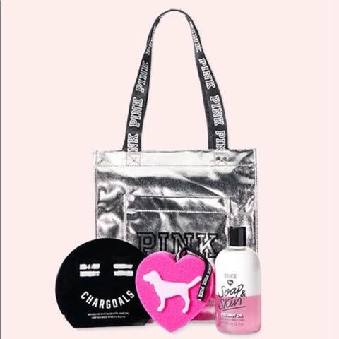 VS Pink 4 Piece Tote Bag, Face Mask Body Wash, and Sponge Bundle 