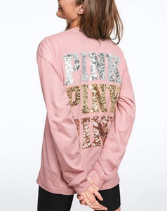 VS Pink Ombre Bling Campus Long Sleeved Tee Chalk Rose