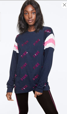 VS Pink Navy Blue & Pink Sequin Bling Campus Long Sleeved Tee