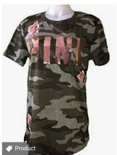 Load image into Gallery viewer, VS Pink Camo Bling Floral Campus Tee Rose Gold