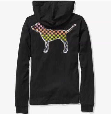VS Pink Rainbow Bling Checkered Dog Hooded Long Sleeved Top