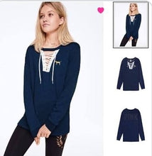 Load image into Gallery viewer, VS Pink Navy Bling Lace Up Campus Long Sleeved Top