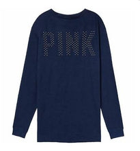 Load image into Gallery viewer, VS Pink Navy Bling Lace Up Campus Long Sleeved Top