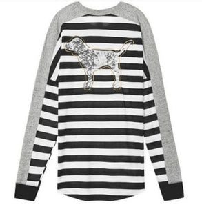 VS Pink Bling Striped Campus Long Sleeve Dog Tee