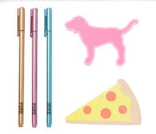 Load image into Gallery viewer, VS Pink Sparkle Pencil Pouch Set With Dog and Pizza Sticky Note Pads and Pens