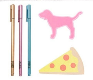 VS Pink Sparkle Pencil Pouch Set With Dog and Pizza Sticky Note Pads and Pens