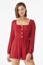 Load image into Gallery viewer, Square Neck Blouson Sleeve Wine Romper