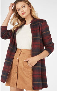 Wine Plaid Dressy Throw Over Boutique Jacket With Zipper