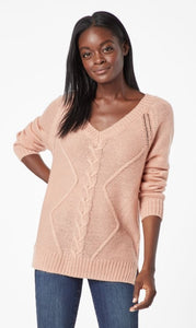 Peach Beige Cable Knit V-Neck Sweater