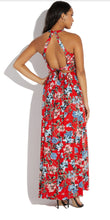 Load image into Gallery viewer, Open Back Floral Cutout Halter Maxi Dress (Red)