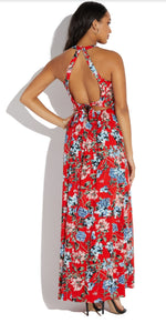 Open Back Floral Cutout Halter Maxi Dress (Red)