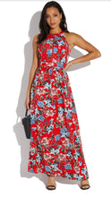 Load image into Gallery viewer, Open Back Floral Cutout Halter Maxi Dress (Red)
