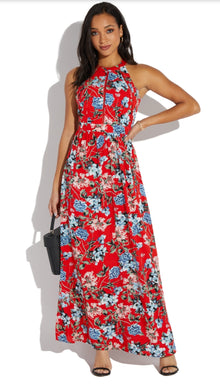 Open Back Floral Cutout Halter Maxi Dress (Red)