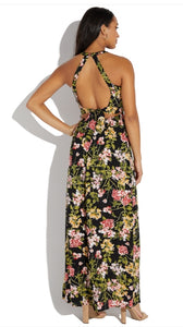 Open Back Floral Halter Cutout Maxi Dress (Black)