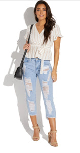 High Waisted Distressed Cropped Jeans (Light Wash)