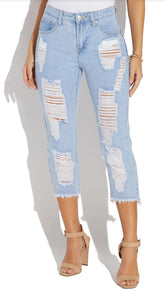 High Waisted Distressed Cropped Jeans (Light Wash)